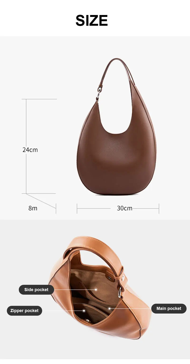 Genuine Leather Women Tote Bags Fashion Luxury Designer Women's Shoulder Bag Quality Cowhide Large Capacity Half Moon Handbags