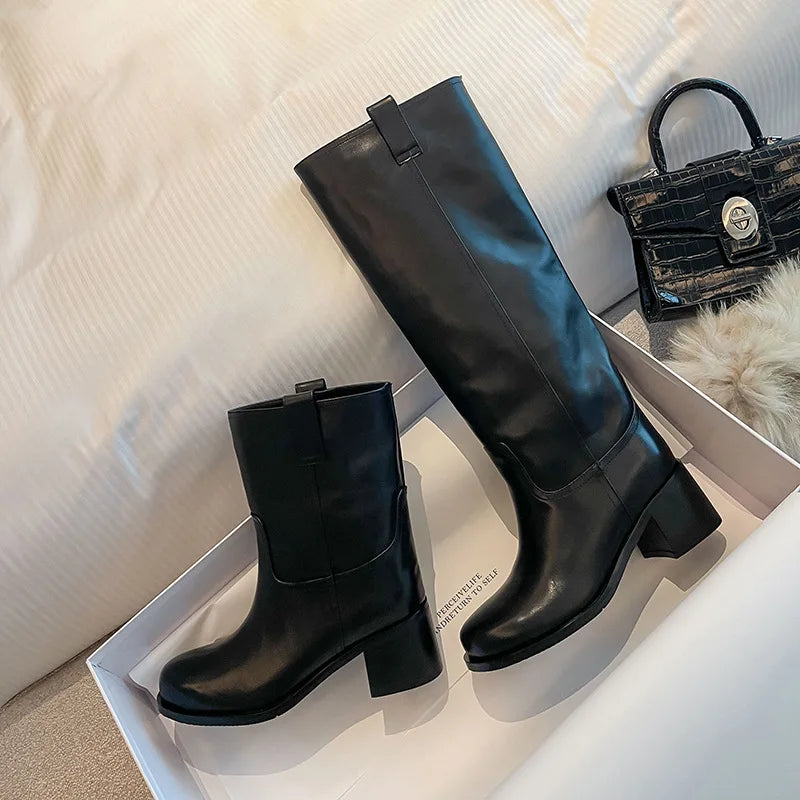 Arden Furtado Autumn Cowhide Knee High Boots Round Toe Pull-On Chunky Heels Riding Boots British Style Large Size Boots