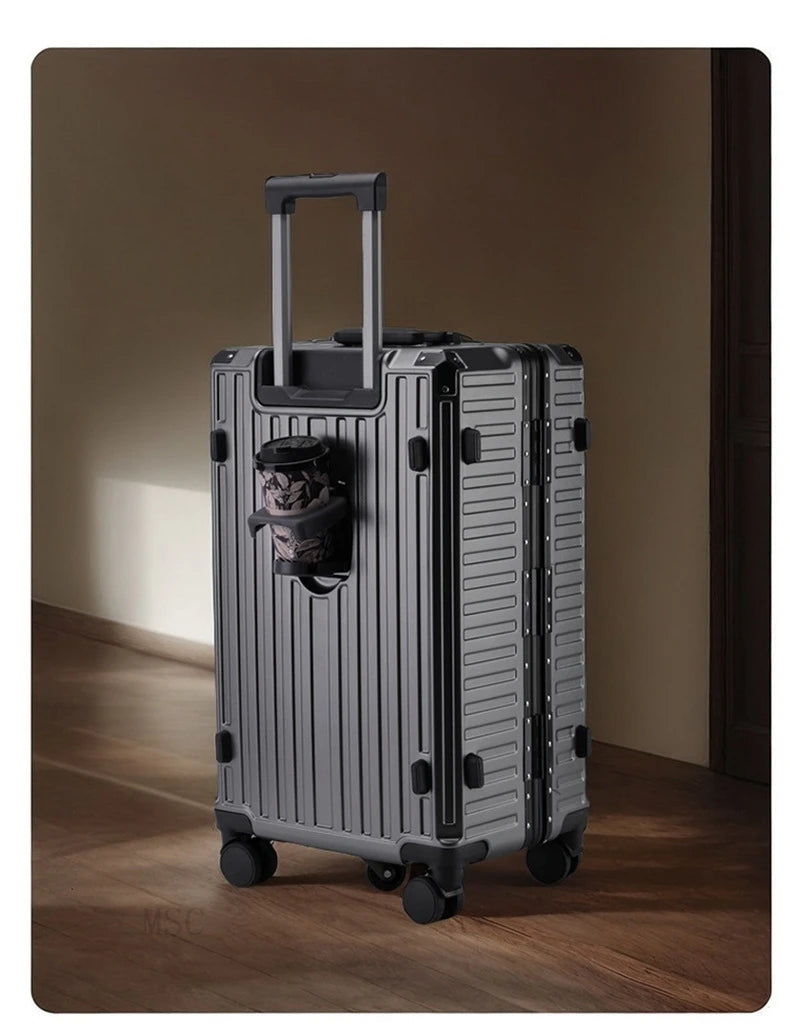 Five-wheel Aluminum Frame Suitcase 30 inch Multifunctional Cabin Password Trolley Case Luggage with USB Cup Holder Suitcases