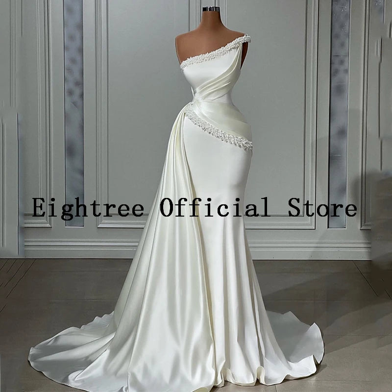 Eightree Elegant Mermaid Wedding Dresses One Shoulder Pearls Dress White Beach Floor Length Wedding Evening Prom Gown Customized