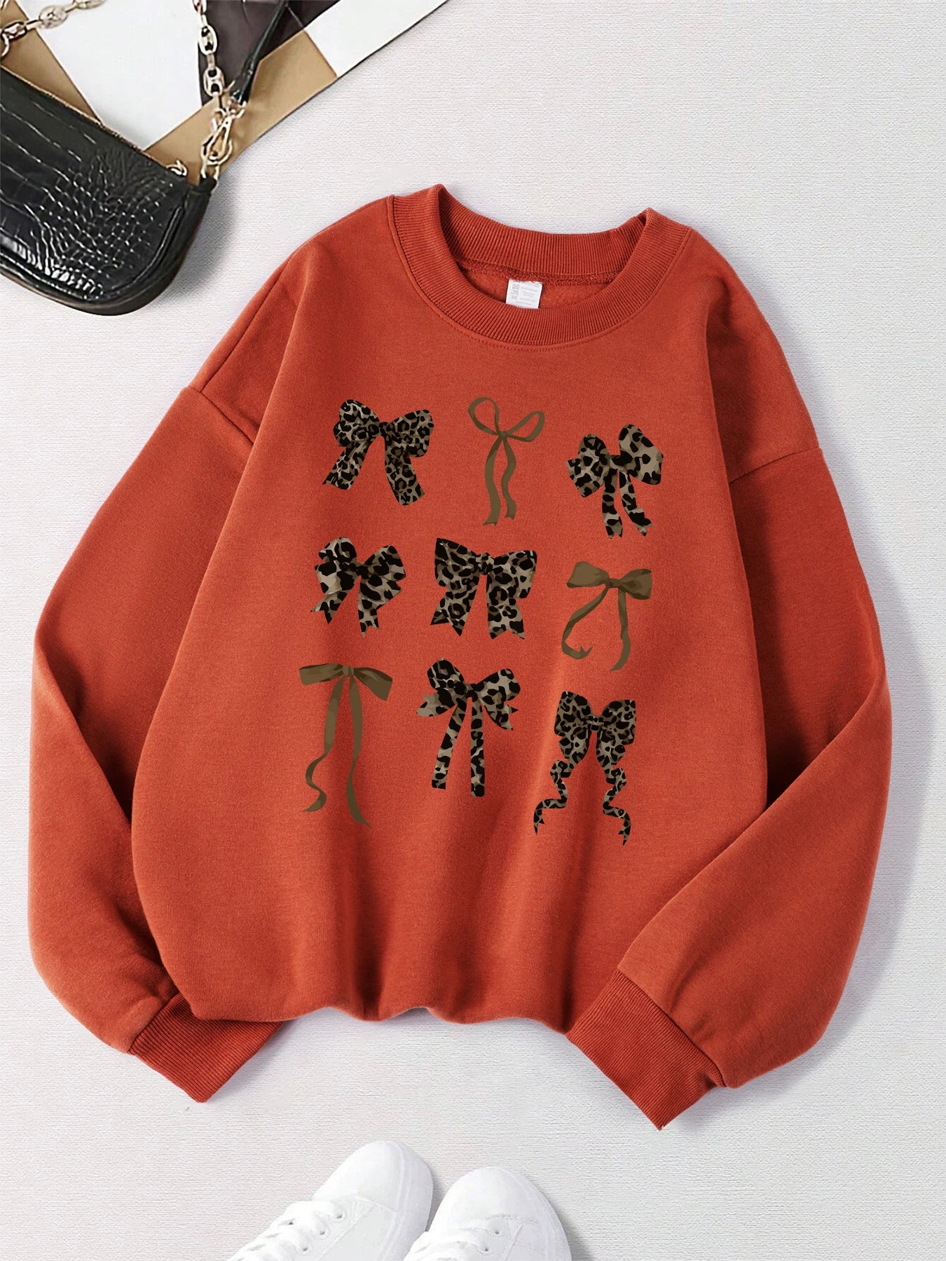 Retro Leopard Print Bow Printed Women Hoodies All-Match Comics Hoody Fleece Casual Clothes Street Hip Hop Pullover Woman
