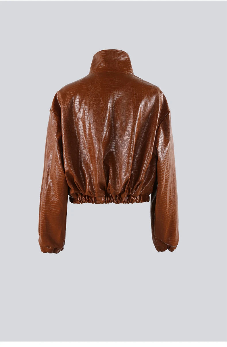 Mauroicardi Spring Autumn Short Black Brown Crocodile Print Faux Leather Jacket Women Stand Collar Button Up Luxury Clothes 2025