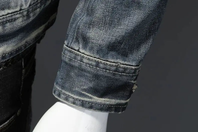 Men's Retro Denim Jacket Casual Oversized Stand Up Collar Zippered Jacket Cycling Motorcycle Coat Trend Loose Fit Top