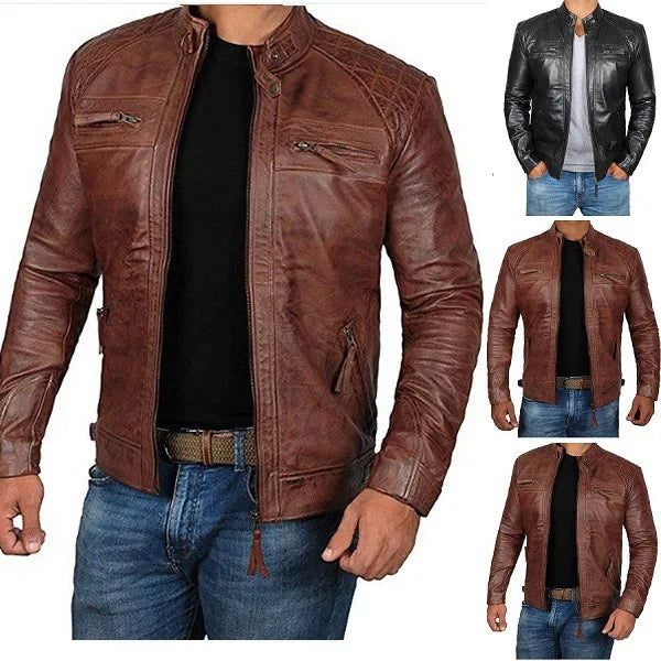 High Quality PU Coat Autumn Leather Jacket Men Slim Casual Moto Biker Stand Collar Solid High Quality Korean Leather Jakcets