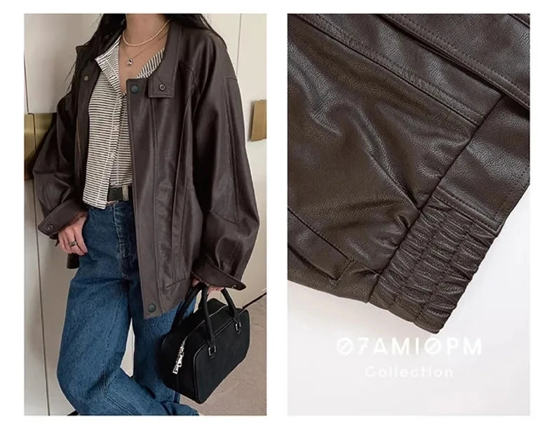 Lautaro Autumn Cool Brown Oversized Leather Jacket Women Drop Shoulder Long Sleeve Zippper High Quality American Retro Clothing