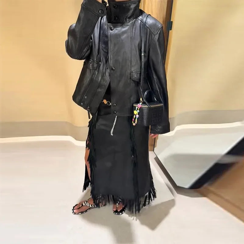 Fashion Leather Women's Jacket Y2k Street Single-breasted High Neck Female Coats 2026 Autumn Black Pu Long Sleeve Lady Jackets