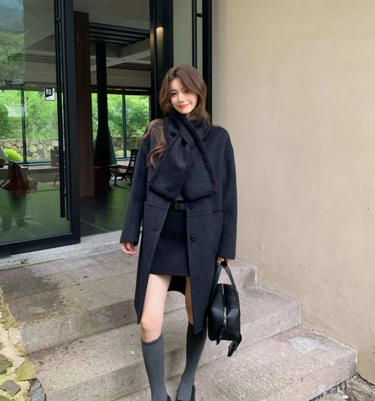 Autumn and winter hot fashion round neck scarves, medium to long styles, small women's double-sided wool coats with temperament,