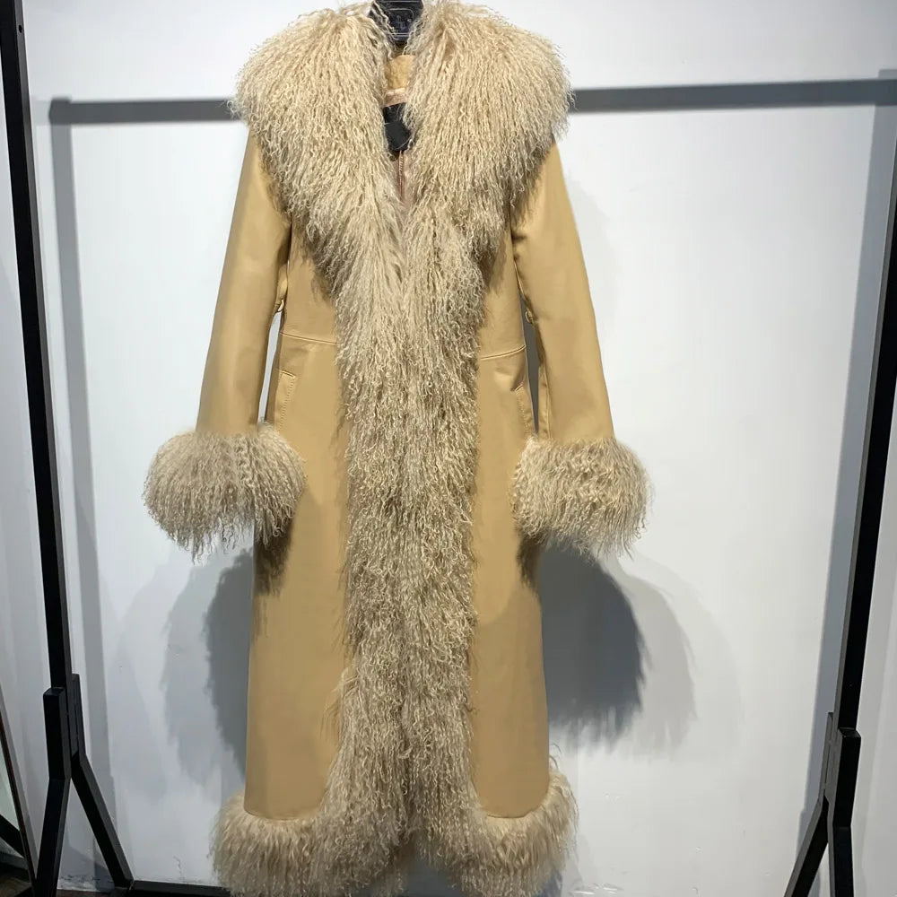 Suede Coat Fur Collar Women Autumn Genuine Sheepskin Coat Long with Mongfolian Fur Trim