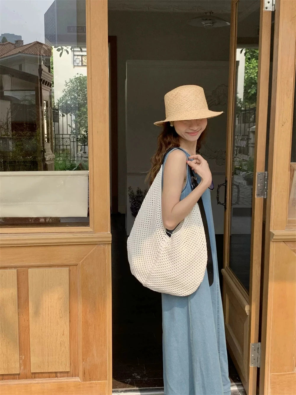 Lattice Large Capacity Woven Bag 2025 Spring Summer New Women's Beach Vacation Single Shoulder Simple Versatile Casual Tote Bags