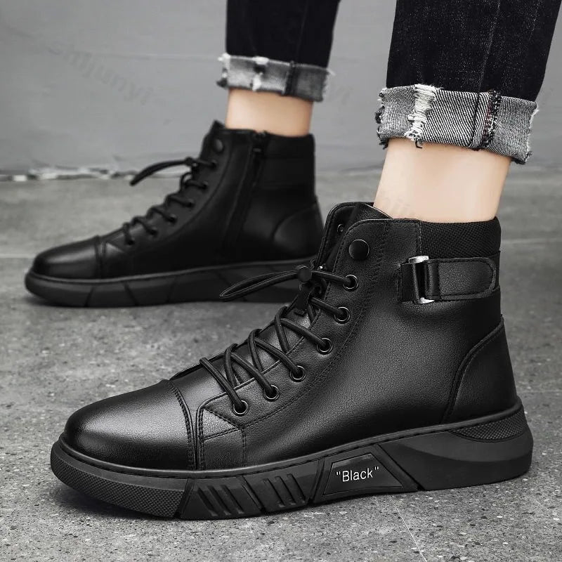 Vintage Men's Short Boots Autumn New Trendy Comfortable Height Increase Cotton Shoes Non Slip Lace Up Side Zipper Leather Boots