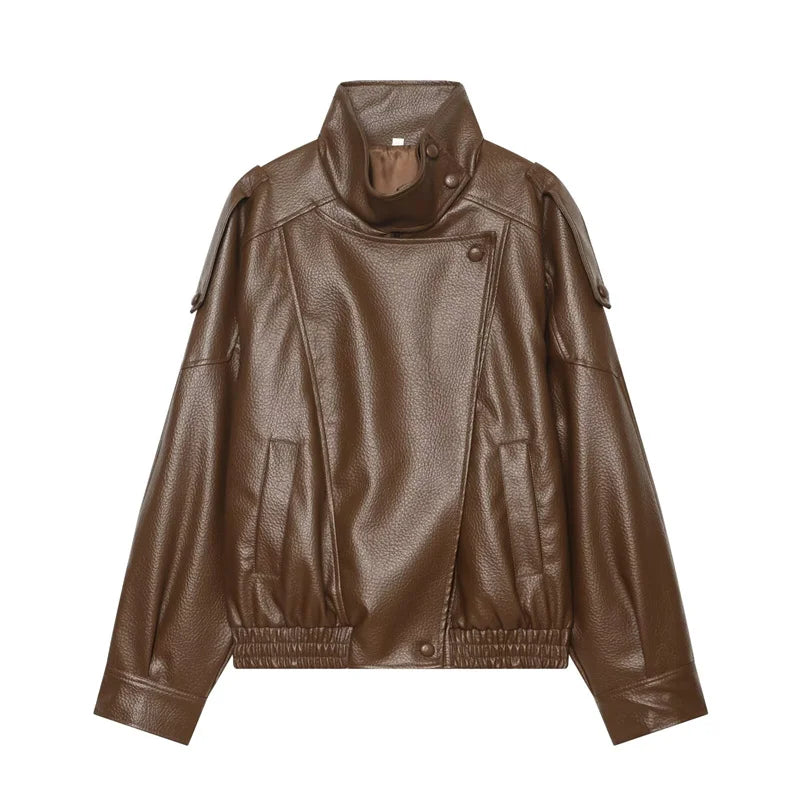 Women's Jacket 2026 Autunm  New Black Long Sleeve Pebble Faux Leather Jacket Motorcycle Style Personality Fashion