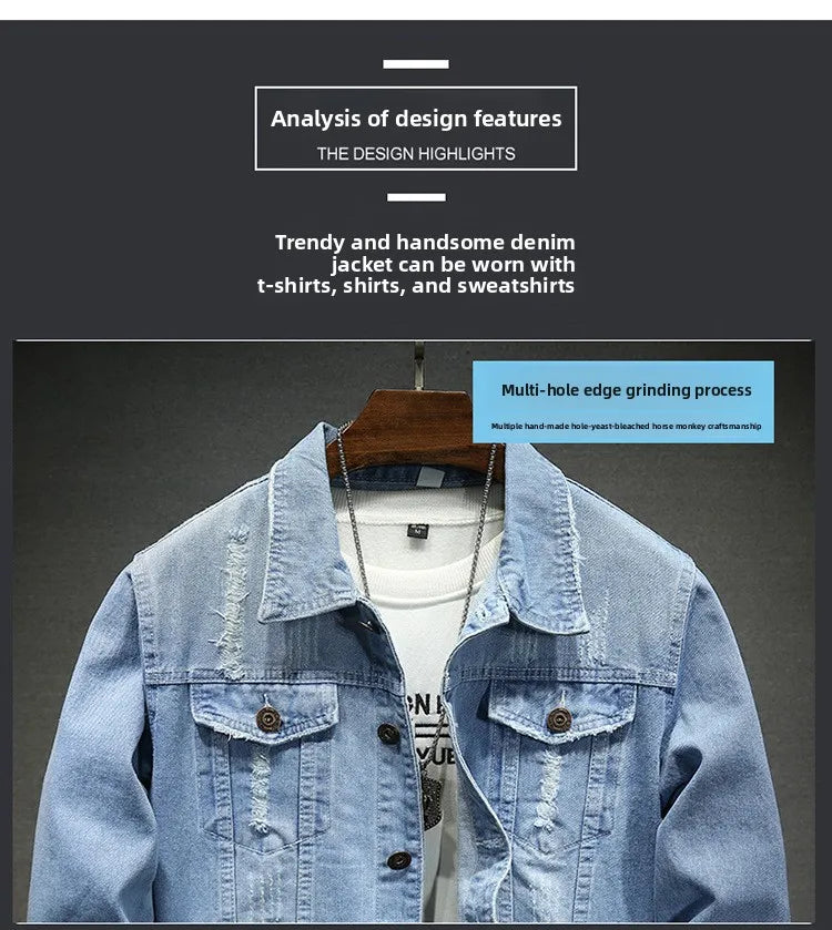 QICHE New Spring Autumn Men Light Blue Slim Denim Jacket Distressed Ripped Casual Outerwear