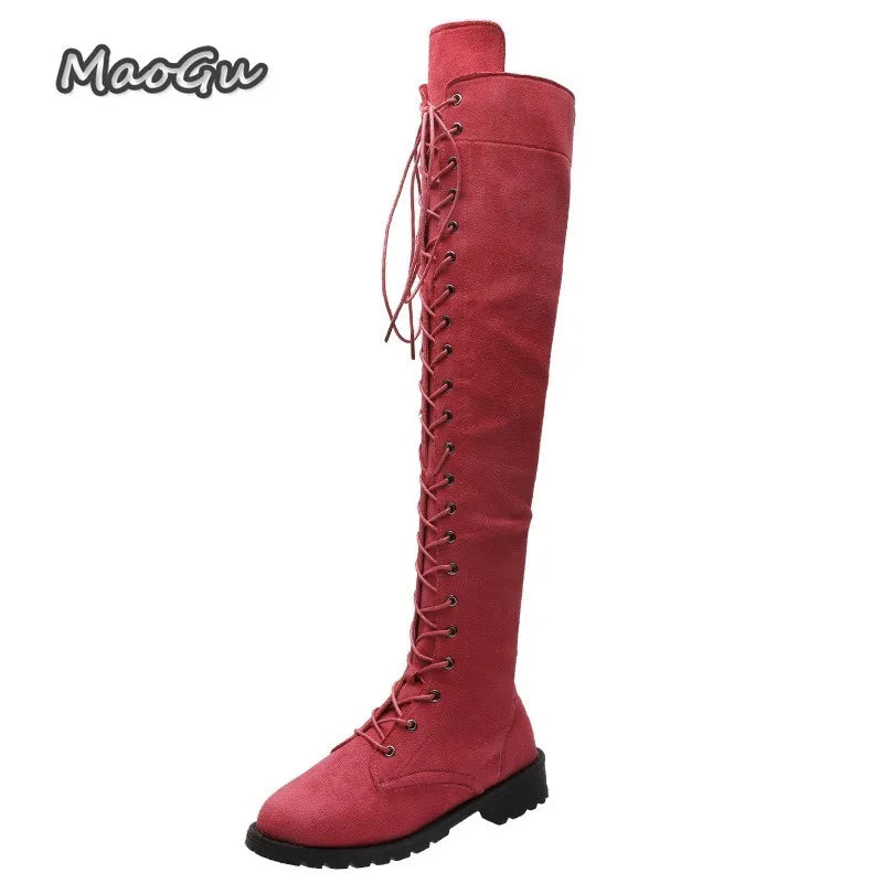 Side Zipper Lace-up Women's Long Botas Brown Black Suede Mid Heel Over-the-Knee Boots for Women Ladies Thigh High Boots Size 43