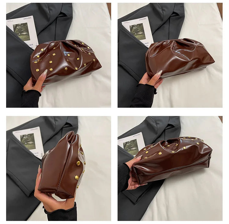 Simple Versatile Clip Evening Handbags for Women Solid Color Rivet Pleated Design Ladies Clutch Female Soft Pu Leather Purse