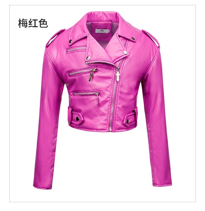 New Women slim short leather jacket plus cotton high waist long sleeve lapel diagonal zipper leather jacket pu motorcycle suit