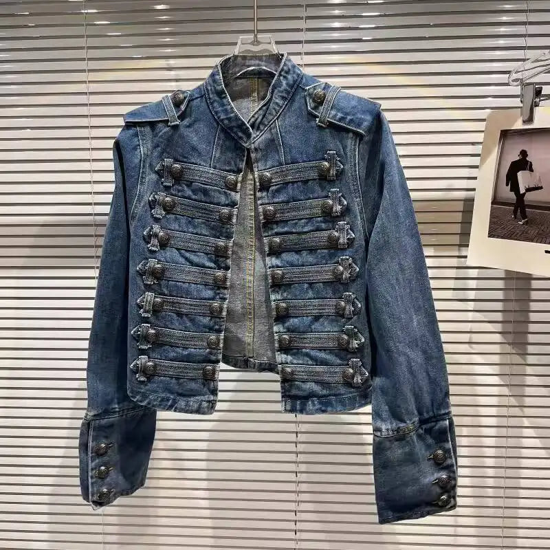 DEAT 2026 Autumn New Fashion Metal Buckle Design Shoulder Strap Denim Short Jacket For Women High Street Coat Female 11A06995