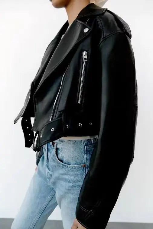 Women Autumn Winter Loose Gray PU Faux Leather Short Jackets Belt Female High Street Zipper Retro Moto Biker Coats Outwear XS-XL