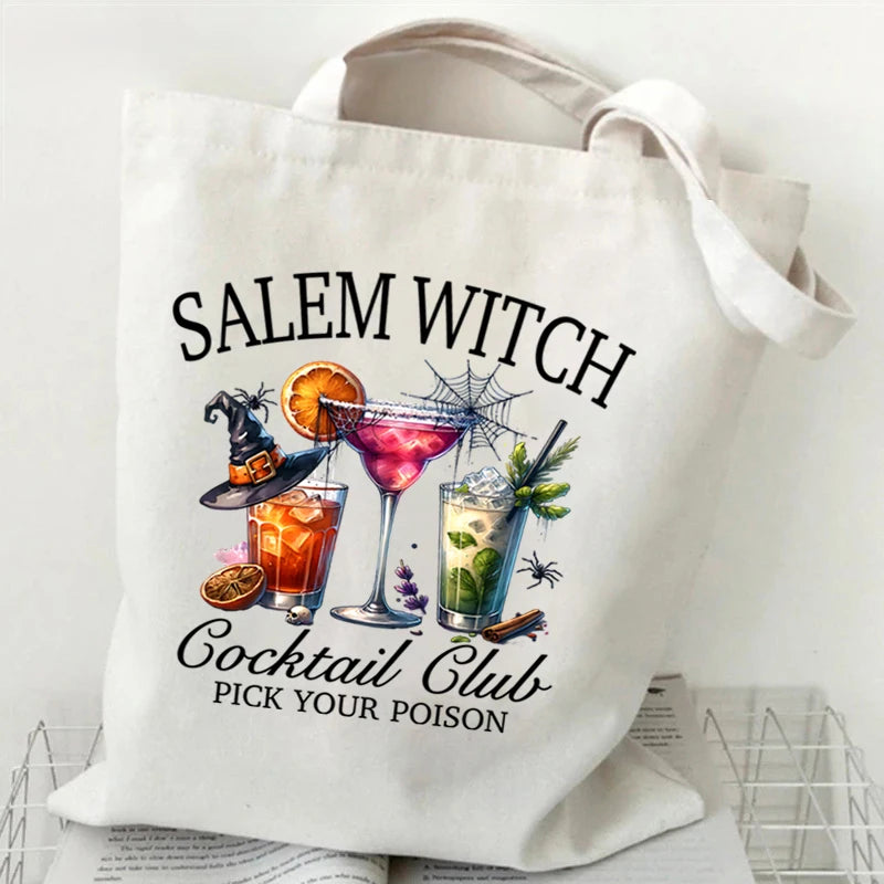Dancing Skeleton Pattern Canvas Shoulder Bag Unisex Pumpkin Ghost Drinking Coffee Pattern Handbag Funny Halloween Women Tote Bag