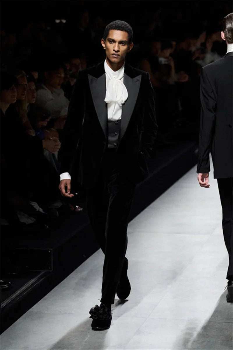 Luxury Black Men Suit Set 2 Piece Long Blazer+Pant Trousers Glitter Crystal Customized Formal Office Jacket Wedding Tuxedos Coat
