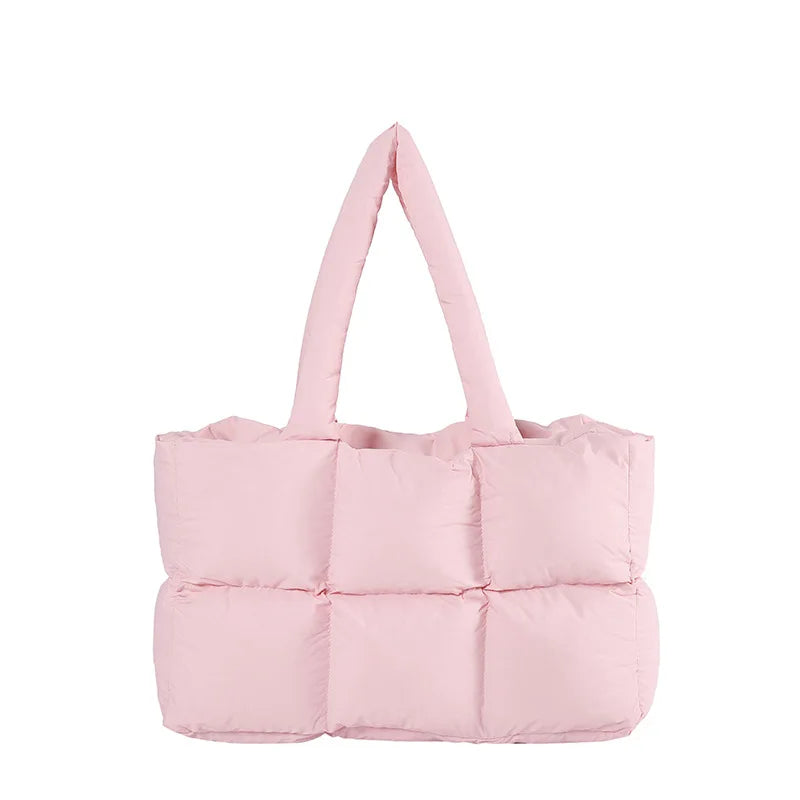 Women Tote Handbags Quilted Plaid Bag Retro Trendy Checkered Waterproof Shoulder Bag Solid Color Winter Soft Large Capacity Bags