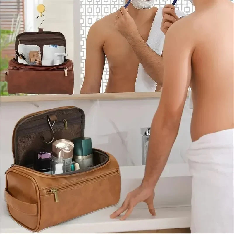 For Traveling Large Cosmetic Bag Leather Toiletry Bag for Men Women Dopp Kit Mens Hanging Toiletry Bag