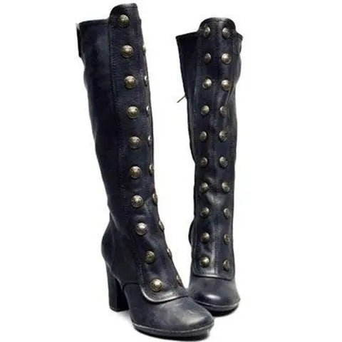 Retro Black Fashion Rivet Decor Boots Chunky Heels Knee High Slip on Shoes for Women Knight Boots  Autumn Zapatos Para Mujere