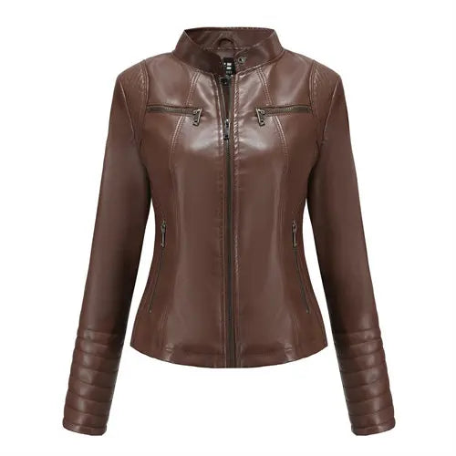 2026 Women's Bright Red V-neck Leather Jacket, Fashion Slim PU Coat, Black Short Outerwear Asia Size XS S M L XL XXL