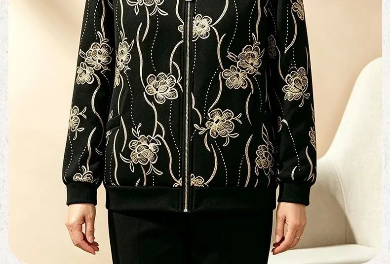 Womens Mom Floral Print Zip Up Jacket Lapel Collar Casual Loose Outerwear For Middle Aged Ladies