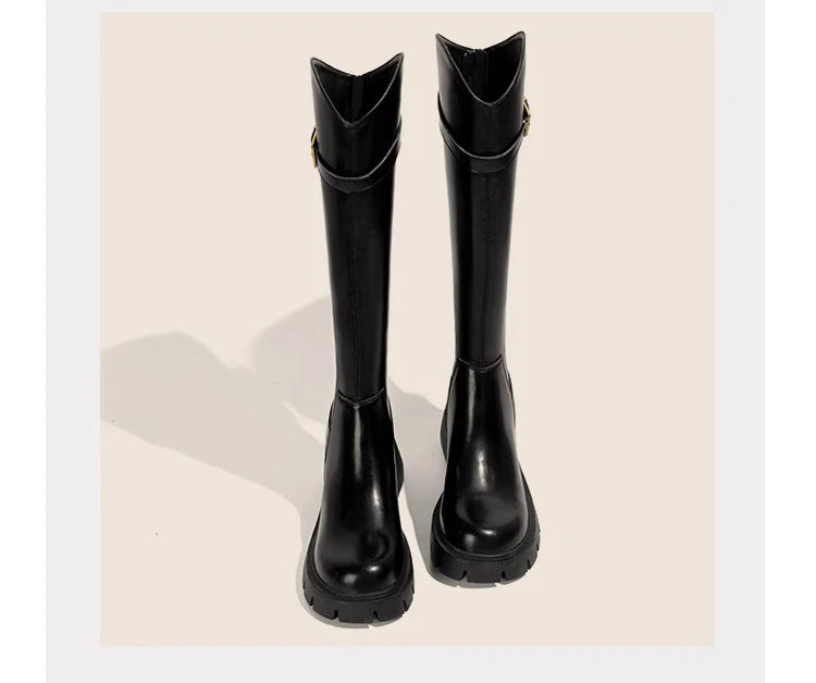 Fur Lining Women Knee High Boots Fashion Knight Long Booties Square High Heels Autumn Winter Warm Short Plush Shoes
