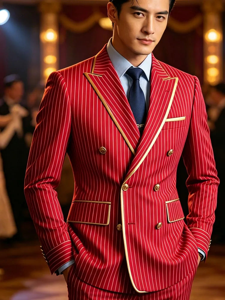 Men's Pinstripe Blazer Double Breasted Slim Fit Peaked Lapel With Gold Trim Formal Suit Jacket  For Groomsman Wedding Prom Hot