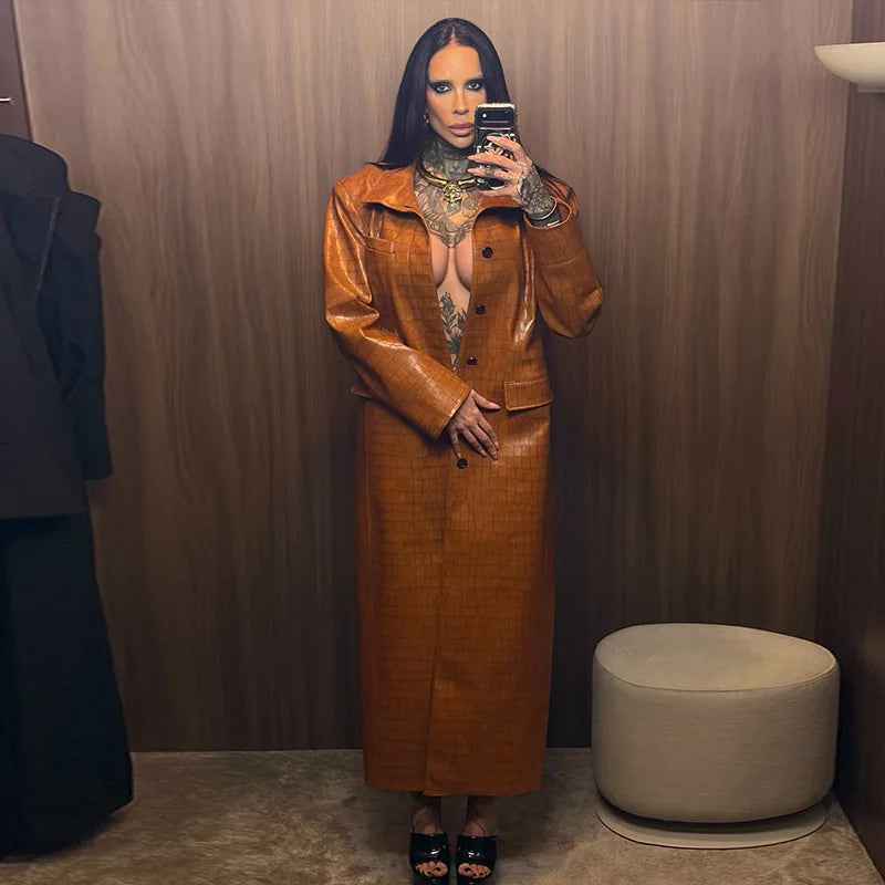 Fashion Croc Pattern PU Leather Women's Jacket Stand Collar Oversize Long Sleeve Chic Coat  2026 Autumn Winter New Daily Wear