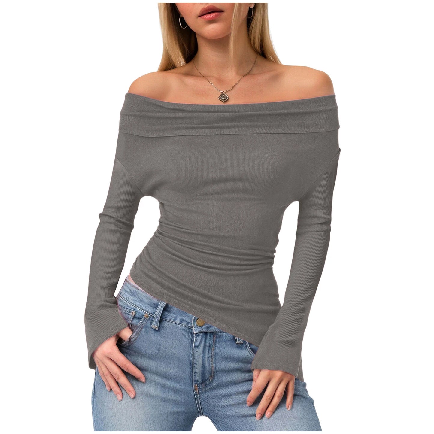 Y2k Aesthetic Simple Fashion Women's Tee Shirts Slash Neck Long Sleeve Solid Casual T-Shirts Vintage Off Shoulder Trendy Tshirts
