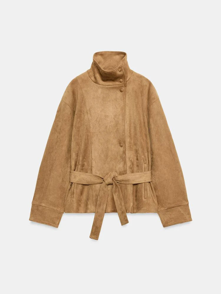 Women Brown Faux Suede Short Jacket Tie‑waist Long Sleeve Vintage Streetwear 2026 Lady New Autumn Winter Casual Outerwear Coat