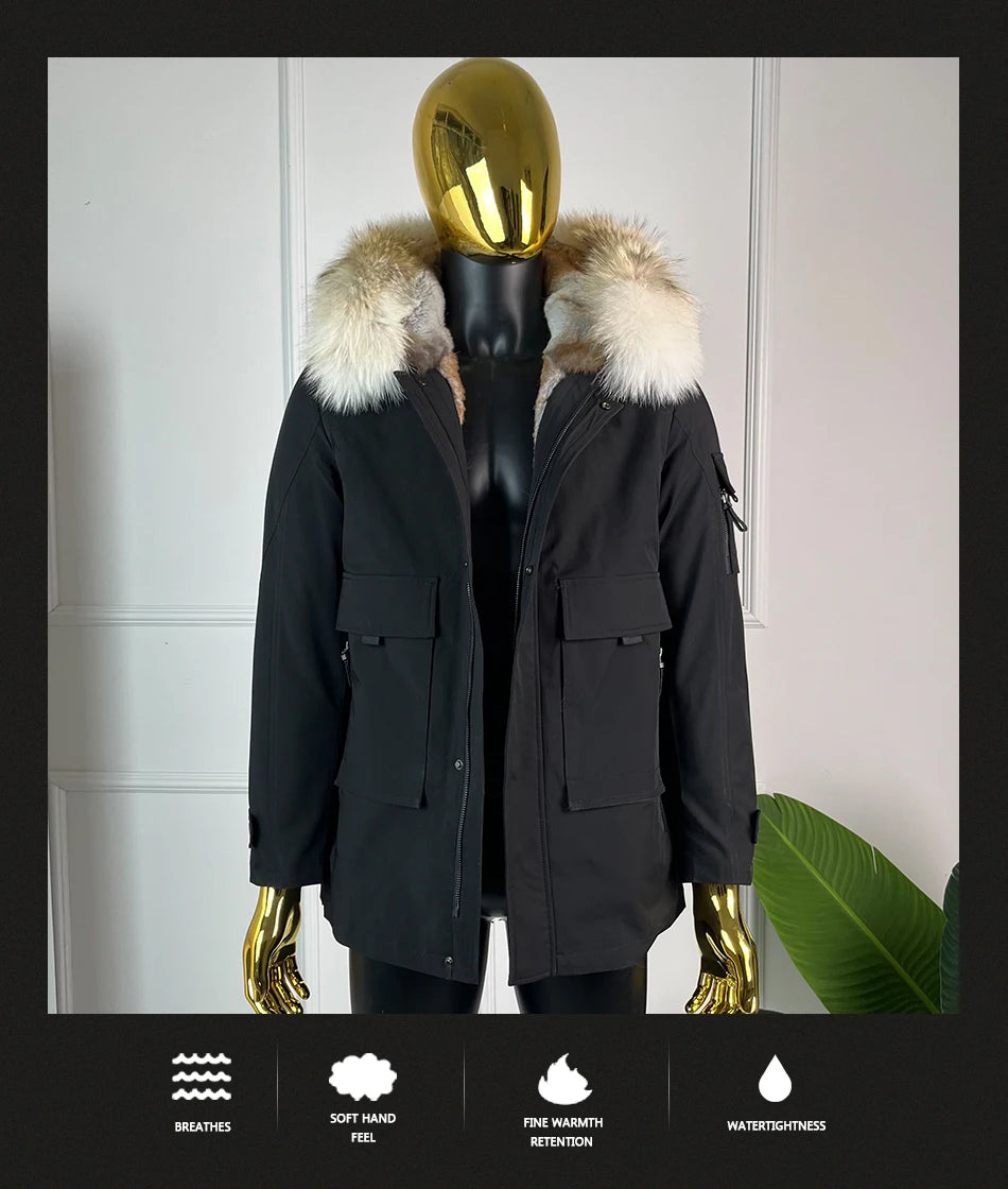 Winter Mens Outerwear Mens Fur Coat Detachable Real Coyote Fur Collar Rabbit Fur Liner Hooded Parka Fashion High Quality