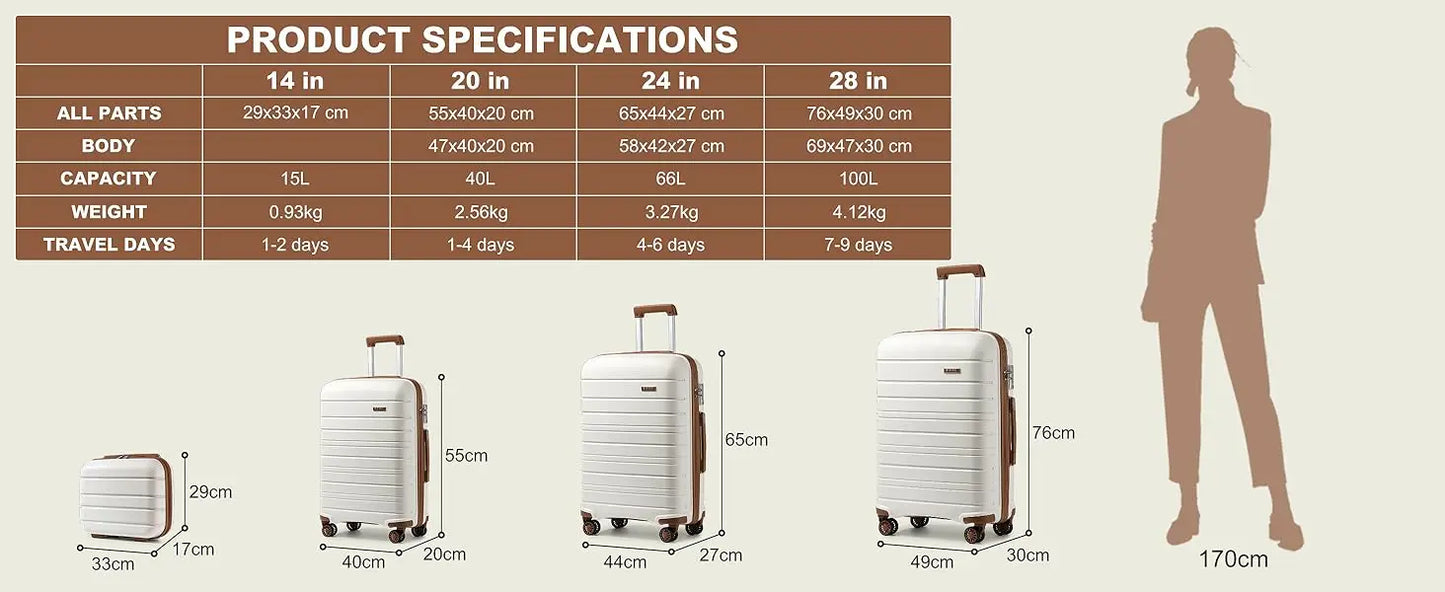 KONO 40L hand luggage Trolley Suitcase Lightweight 4 Twin wheels Hard suitcase TSA Lock Polypropylene