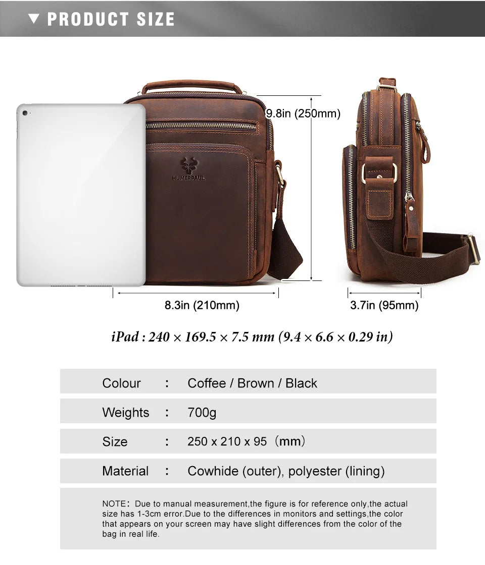 HUMERPAUL Men's Cowhide Shoulder Bag Casual Crossbody Bags Full Grain Leather Multifunctional Ipad Messenger Handbag Quality