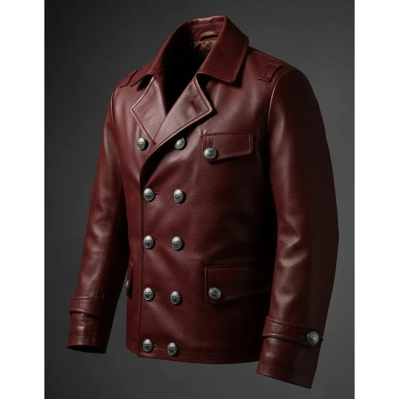 Mens English Gothic Black Leather Trench Coat Military Officer Classic