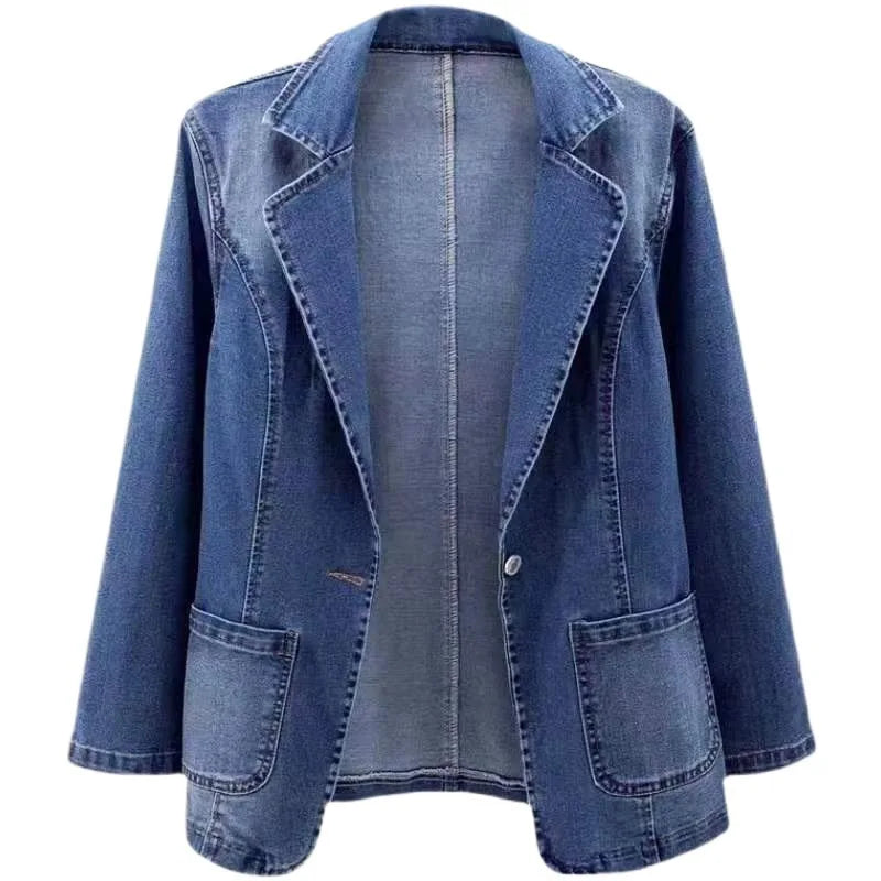 Spring Autumn New One Button Design Denim Jacket For Women Slimming Fit Suit Collar Solid Color Cardigan Blue Cowboy Outer Wear