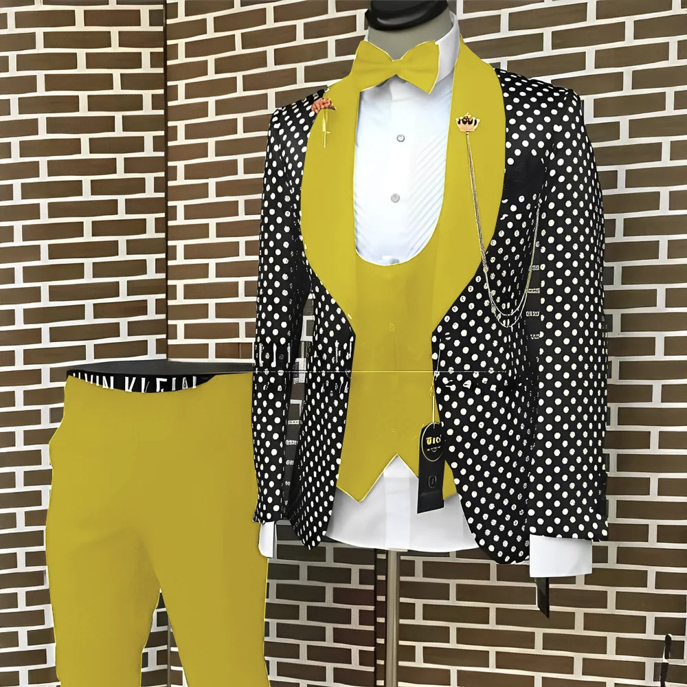 Spotted Men's Suit 3 Piece Set Wedding Groom Tuxedo Custom Slim Fit Blazer Pants Vest Men's Elegant Suit