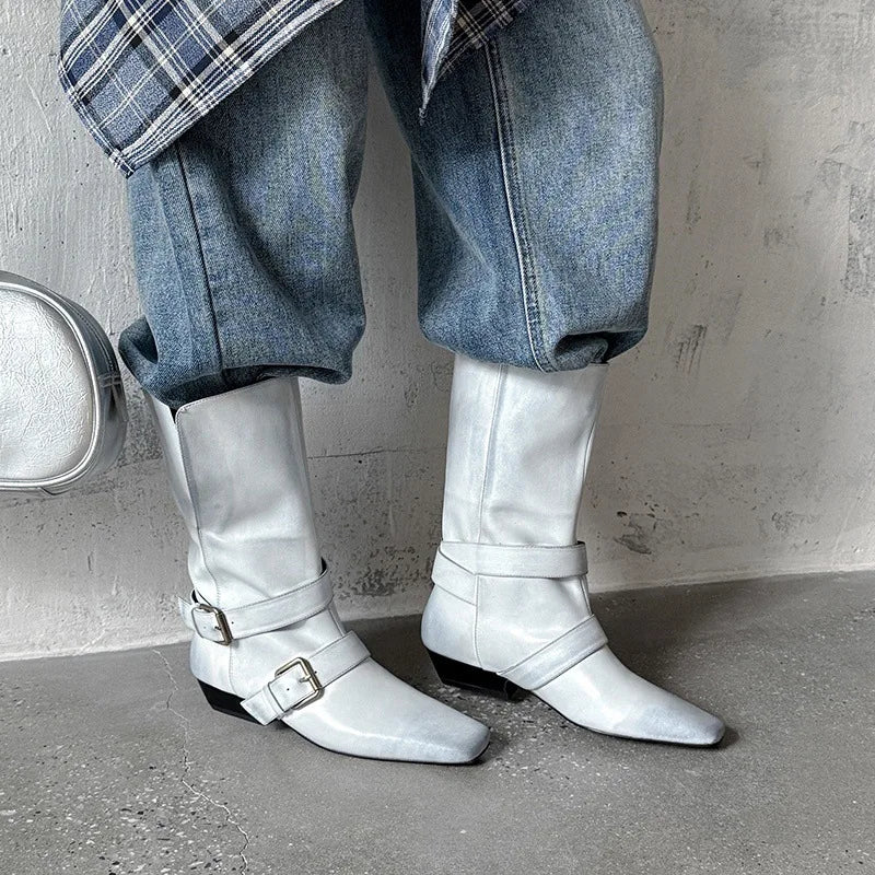 Arden Furtado Autumn Belt buckle cowhide Mid-Calf boots Square toe pull-on Middle heel Modern boots Large size Women's Boots