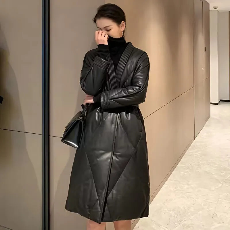 High End Leather Jacket New Women Autumn Winter Long PU Leather Windbreaker With Belt Female Down Cotton Coat Thick Warm Parkas