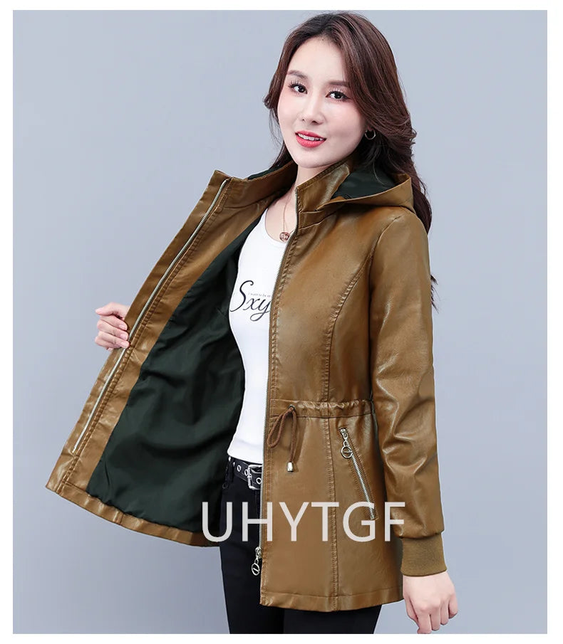 UHYTGF Fleece Winter Leather Female Quality Pu Leather Windbreaker Women Temperament Slim Warm 3XL Big Size Coat Deri Ceket 425