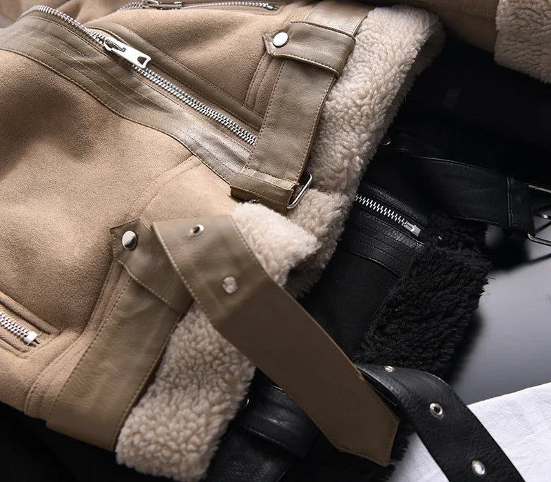 Winter Women Thick Warm Suede Lamb Jacket Short Motorcycle Brown Coats Faux Shearling Sheepskin Leather Jackets Outwear