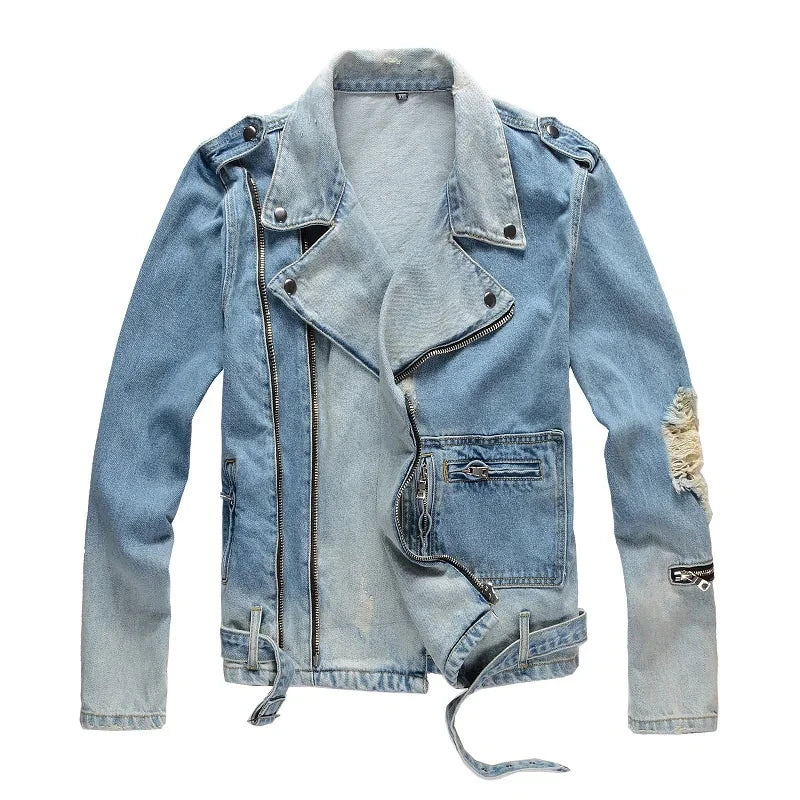 Sokotoo Men's Holes Ripped Blue Jean Biker Jacket for Motorcycle Streetwear Zippers Turn Down Collar Denim Coat Outerwear