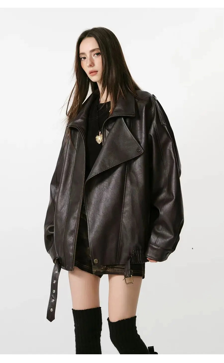 Vintage American Biker Leather Jacket 2026 Women Loose Fit Versatile Design Details Zip Up Stand Collar Chic Casual Outerwear