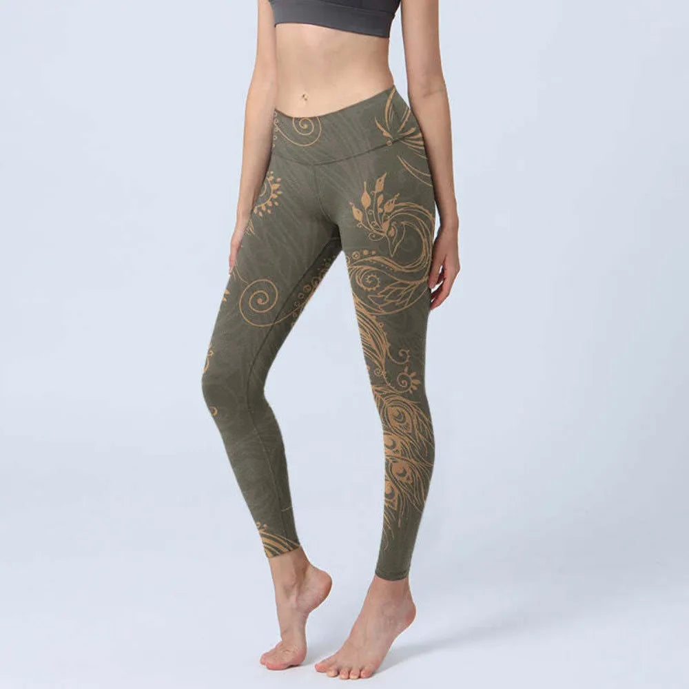 Women High Waisted Yoga Pants Tummy Control Leggings Floral Butterfly Landscape Printed Workout Gym Fitness Running Tight Pants