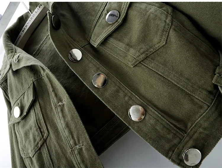 Spring Vintage Army Green Black Khaki Denim Jacket Women Hem Belt Big Pocket Cowboy Outerwear Loose Short Jeans Jackets Female