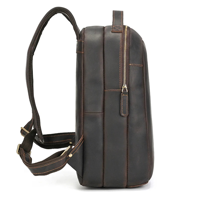Luufan Men's Retro Crazy Horse Leather Backpack Brown Genuine Leather Rucksack Brown 14 Inch Laptop School Bag