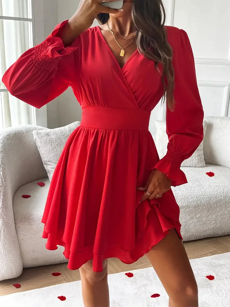 Dresses 2025 Woman Clothing V Neck Lantern Sleeve Wrap Mini Dress Ruched High Waist Elegant For Autumn Party Dress Vestidos