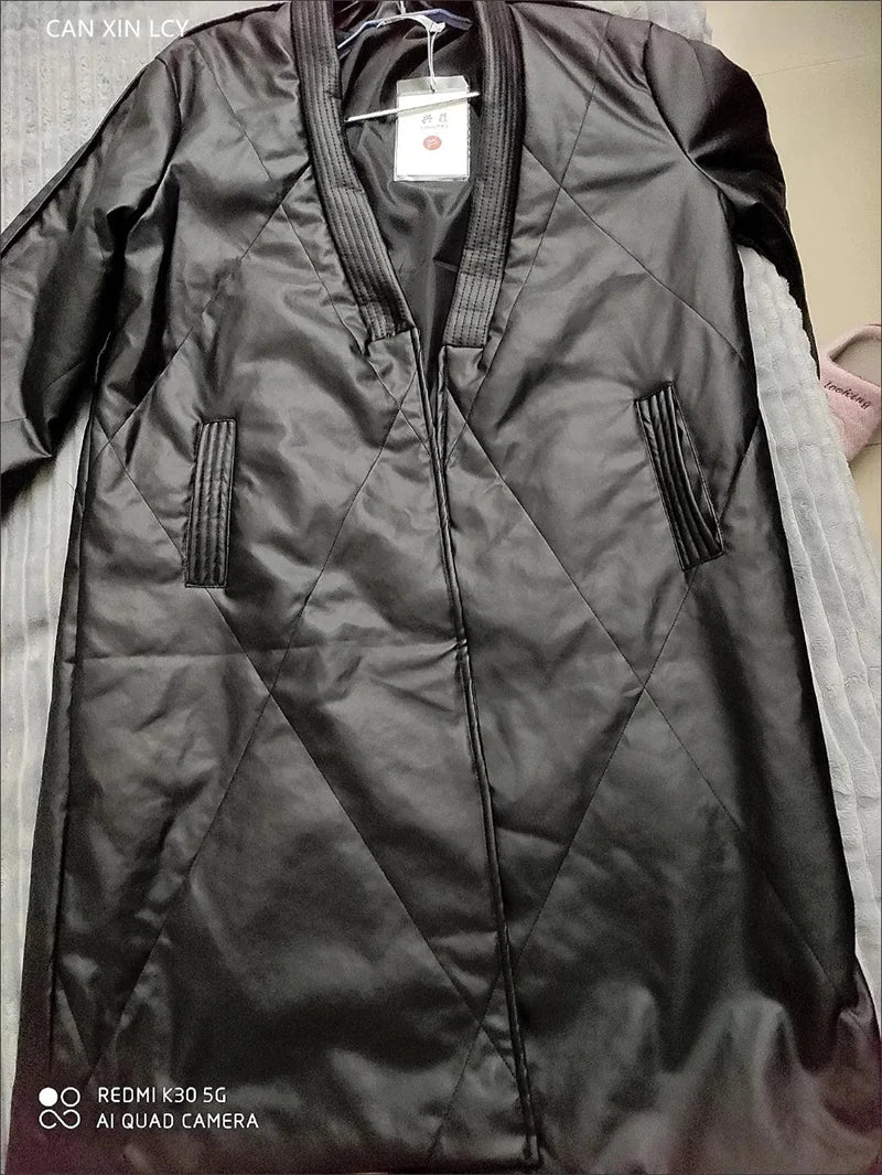 High End Leather Jacket New Women Autumn Winter Long PU Leather Windbreaker With Belt Female Down Cotton Coat Thick Warm Parkas